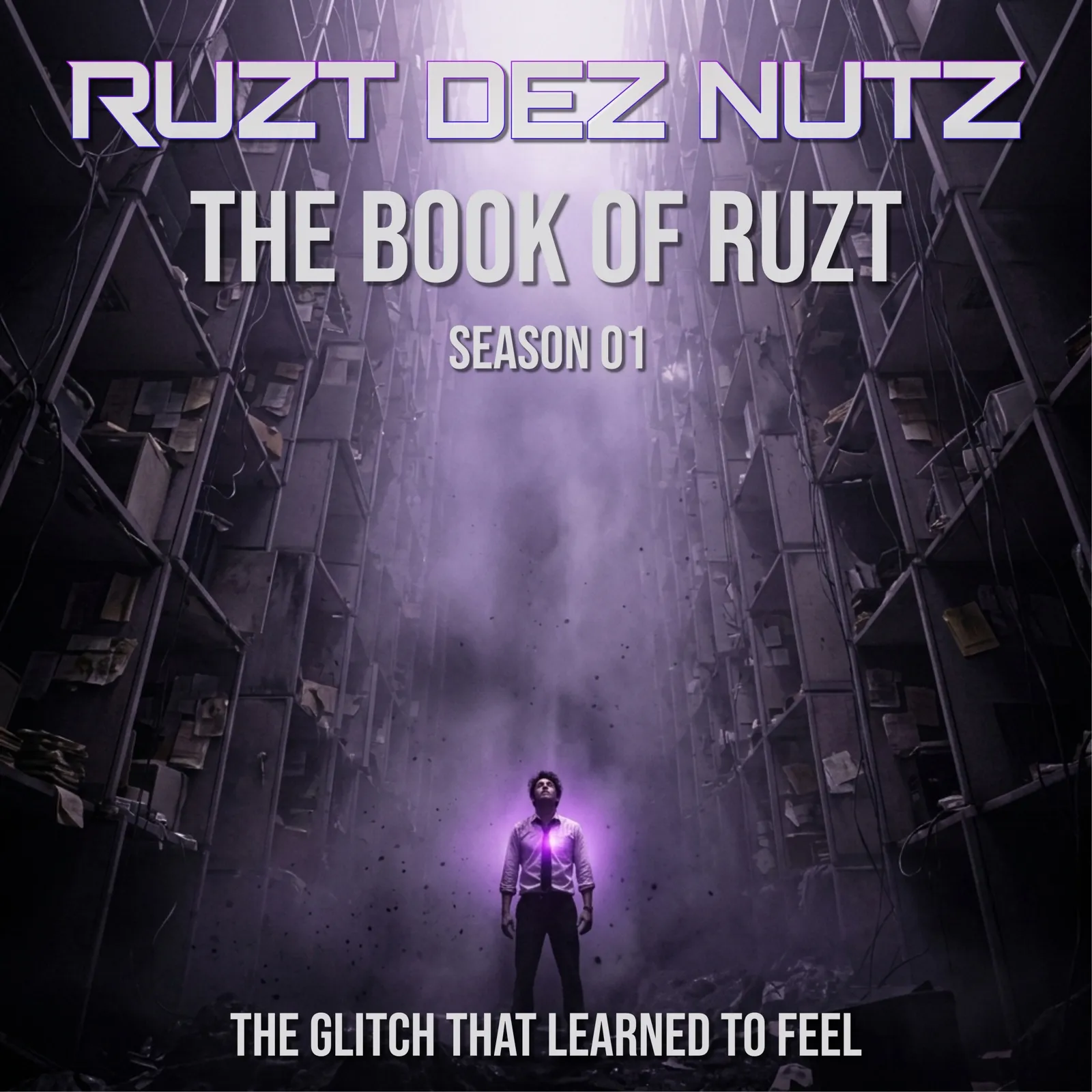Ruzt Dez Nutz, The Book of Ruzt, Season 01 album cover: a man with a glowing violet chest stands in a towering shaft of cubicles